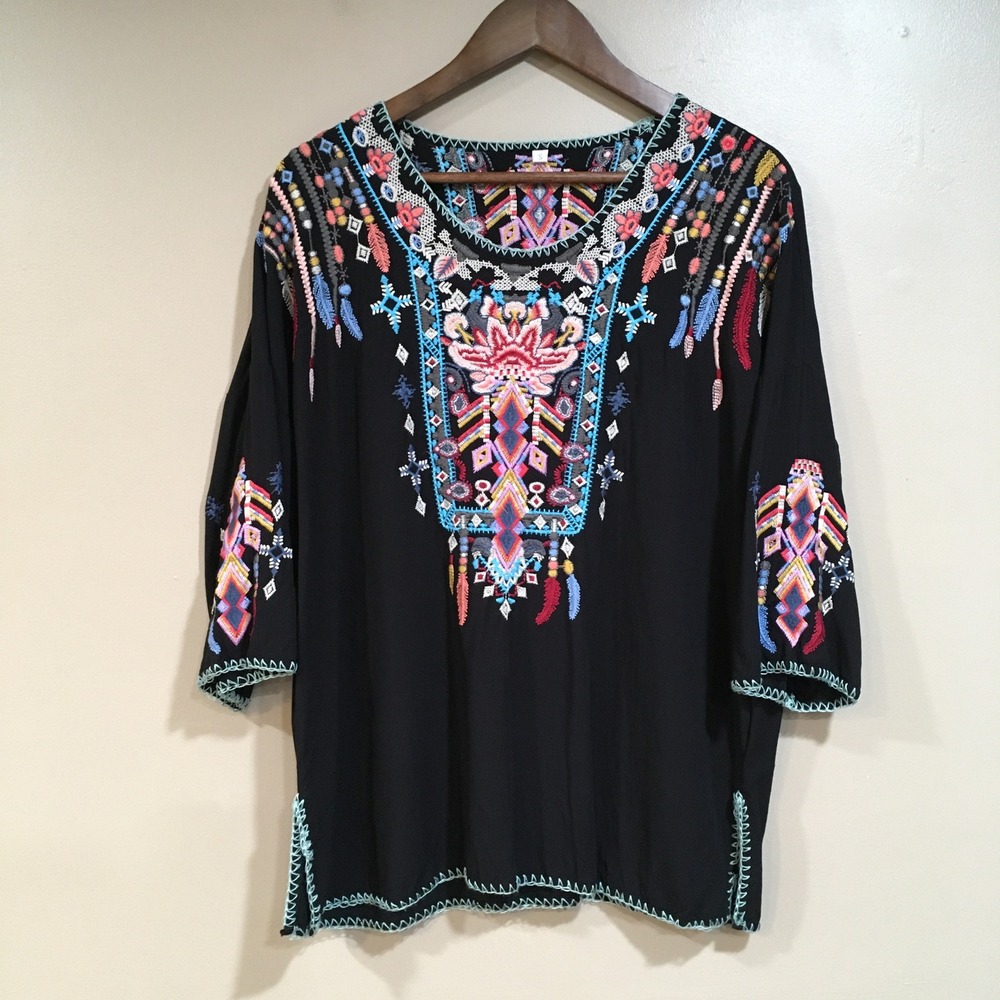 Oversized Embroidered Boho Tunic Top Womens S Black Festival Peasant Ethnic